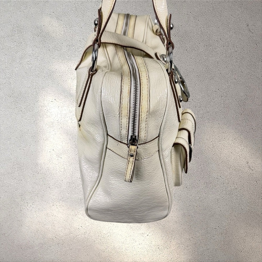 Vtg Y2K 2000s Guess Embossed Top Handle Tote Bag Purse Ivory Cream Big G Buckle - Picture 3 of 7